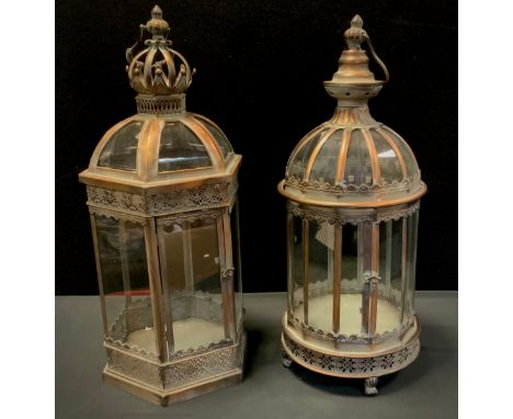 A hexagonal copper lantern, crown domed top, 62cm high, 25cm wide, another similar circular (2) 
