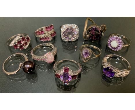 Gemporia - a Bixbite and Burmese Ruby sterling silver ring,  others, amethyst and white topaz, Eudialyte, baroque cultured pe