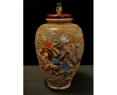 A 20th century Satsuma urnular-shaped table lamp, decorated with oriental scenes of elders, 44cm high 