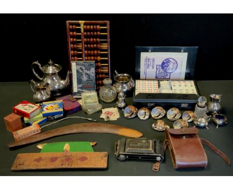 An Australian carved boomerang,  cased Mah-jong set, abacus, silver mounted cut glass scent bottle etc 