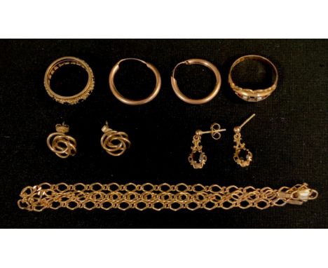A 9ct gold necklace,  9ct gold seed pearl and ruby ring,  eternity ring stamped 375,  pair of earrings, stamped 9ct etc 14.4g