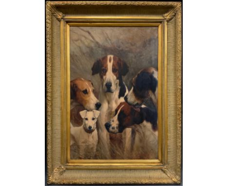 After Thomas Blinks (1860-1912), Four Hounds and a Terrier, oleograph, 76cm x 50.5cm (98cm x 71.5cm overall frame size). 