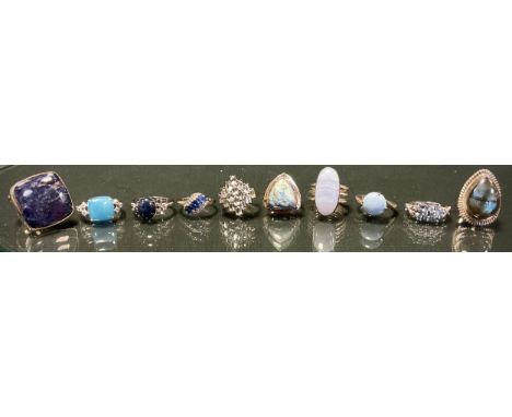 Gemporia - a Bengal blue agate sterling silver cabochon ring,  others, lace agate, blue jade and white topaz, American Sodali