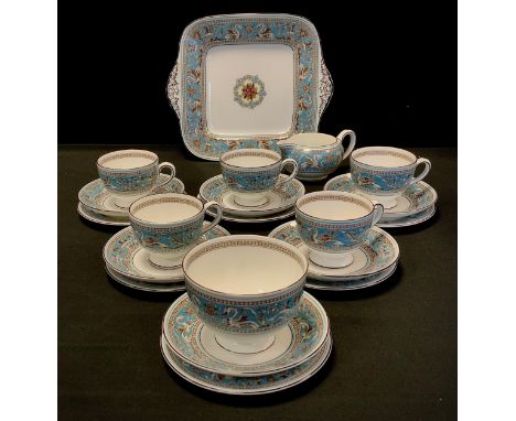 A Wedgwood turquoise Florentine pattern part dinner set, comprising five cups, six saucers, six side plates, bread/cake plate