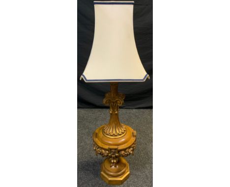 Interior design - A large Italianate turned oak and gilt-wood effect table lamp, 81cm high (116cm with shade). 