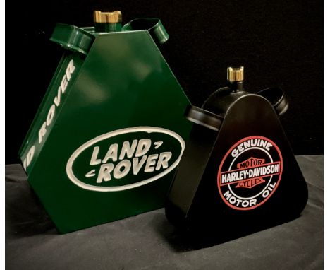 An advertising oil can, embossed Land Rover, in white, green ground, 31.5cm high, another Harley Davidson Motorcycles, black 