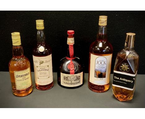 Whisky and spirits - The antiquary de luxe old scotch whisky, Bell's islander, Formidable Jock scotch whisky, Statesman, Gran