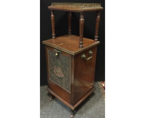 A Late Victorian mahogany purdonium, single three quarter galleried shelf to top, fall door to base with decorative panel, br