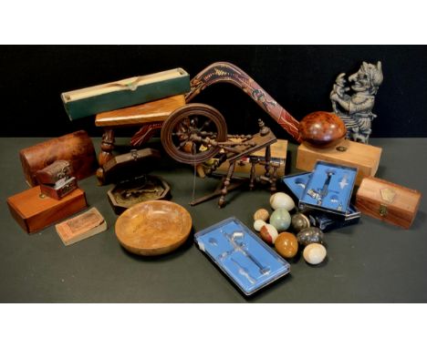 Boxes and Objects - Treen including; miniature bobbin stool,19x23cm, exotic wood globular lidded bowl, dome top miniature dom