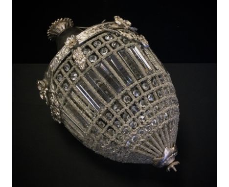 A polished metal or chrome acorn shaped hanging lamp, approx 50cm drop, 35cm diameter. 
