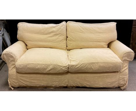 A good quality three seat sofa and conforming armchair, down filled, the sofa measuring 192cm high x 199cm wide x 100cm deep,