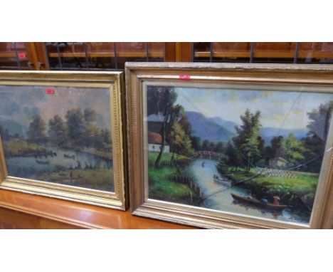 R. SEROPIAN - ARMENIAN: River scenes with boats and figures. A pair. Signed. Oils on canvas. 20'' x 26''