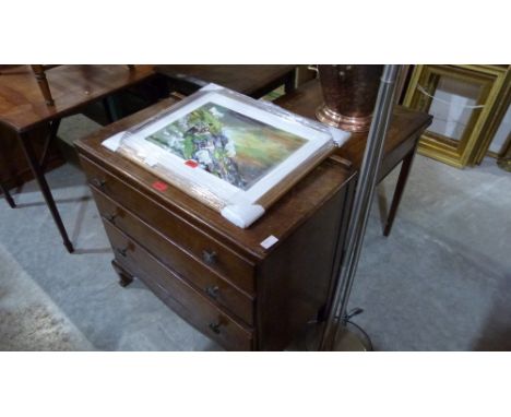 Oak chest of drawers, modern lamp and a print