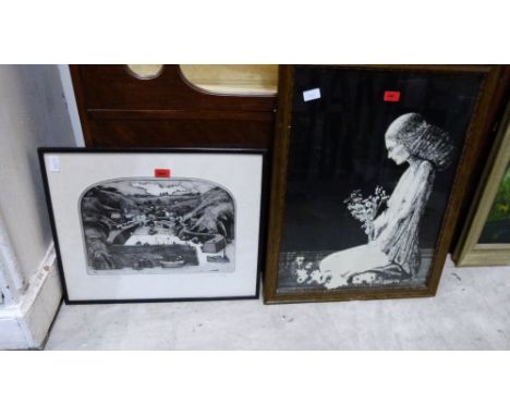 An engraving after Graham Clarke 'Mullion Cove'. No. 301/350 and a monochrome print lady with flowers