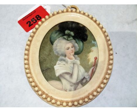 A French portrait miniature of an elegant lady. Signed A Thumerelle. Ivory framed. 4¾'' high overall