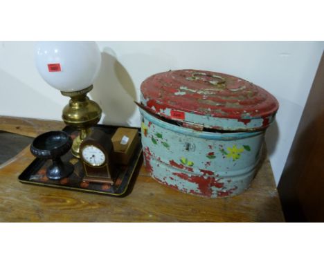 Lacquer tray, oil lamp, clock, tin of sundries etc.