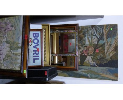 A box of pictures, mirrors, tapestry etc.