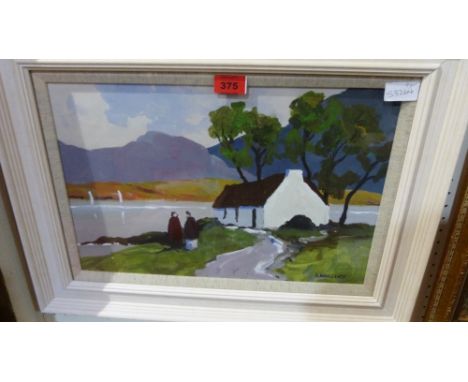 R. DUNLEAVEY: Lake scene with cottage and figures. Signed. Oil on board. 12'' x 18''