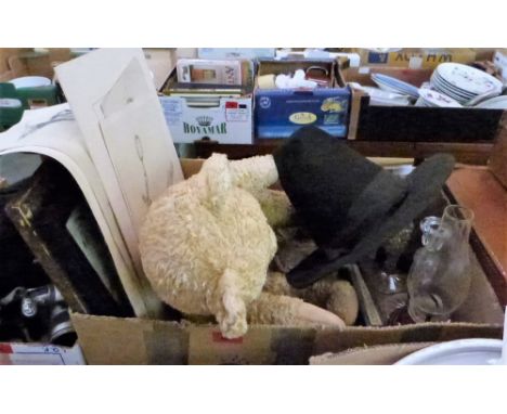 A box of sundries including plush teddy bear, pencil drawings, oil lamp etc.