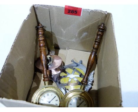 Two novelty Smiths watch warming pan clocks, an AA badge and a small copper oil lamp