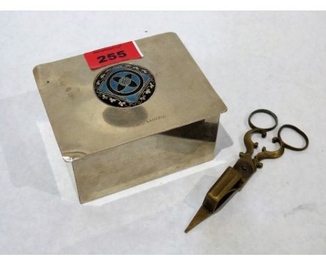 A plated and enamel box marked RMS Samaria, together with a pair of brass wick shears