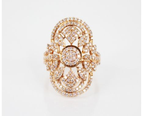 A diamond and 18ct rose gold ring, the oval shaped head with pierced foliate detail, milgrain set with brilliant cut diamonds