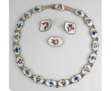 A Scandinavian silver gilt and enamel collarette by Ivar T Holth, each lozenge shaped enamelled link decorated with floral sp