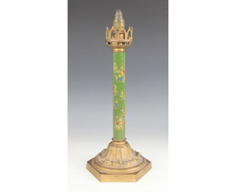 A Victorian painted brass table lamp, stamped Palmer & Co, the column painted with floral sprays with gilt highlighting on a 
