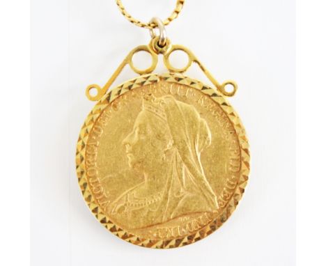 A Victorian sovereign, dated 1899, set to a 9ct gold pendant mount, upon a 9ct gold woven chain with spring ring and loop fas
