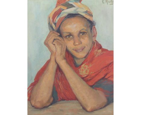 E Ruff (French School, 20th century),"Nostalgie" (portrait of a woman in North African dress),Oil on board,Signed upper right