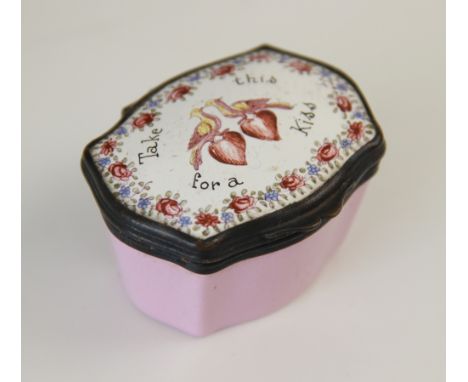 A Staffordshire enamel patch box, probably Bilston, late 18th century circa 1780, the puce body set with a hinged cover beari