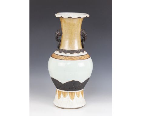 A large Chinese porcelain craquelure baluster vase, 19th century, glazed in celadon and batavian palettes, of typical baluste