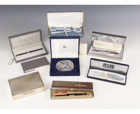 A selection of pens and desk accessories, to include a Christian Dior black fountain pen with 14ct gold nib, ref. 0662152048,