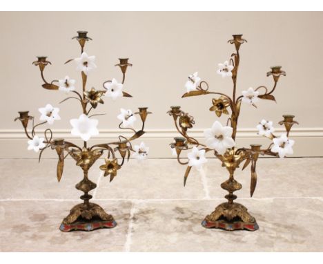 A pair of gilt brass and opaline glass five branch foliate candelabra, late 19th/early 20th century, probably French, each fo