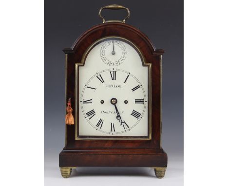 A Regency mahogany bracket clock signed Rob (sic) Gask, Horncastle, the break arch case with brass swing handle and brass fis