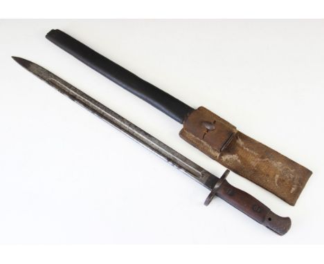 A WWI P1907 bayonet by Sanderson, with inspection markings and War Department broad arrow, complete with leather scabbard, 56