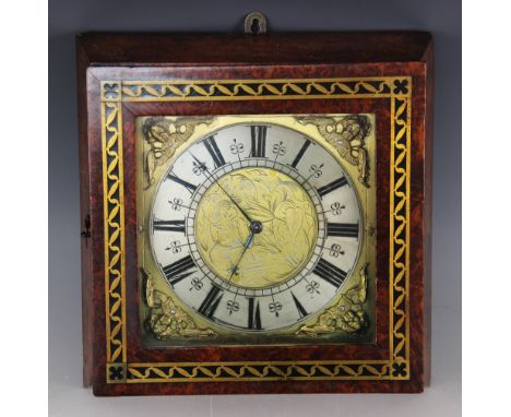 An early 20th century Buren wall timepiece, the burr walnut and brass inlaid case enclosing the associated 14cm gilt metal an