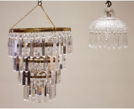 A four tier gilt metal and glass lustre droplet ceiling light fitting, 36cm H x 30cm D, along with a pair of similar but non 