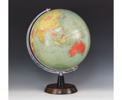 A Philips Challenge 13.5" terrestrial globe, circa 1970, raised upon a chromed meridian and a stained wooden plinth base, 32c