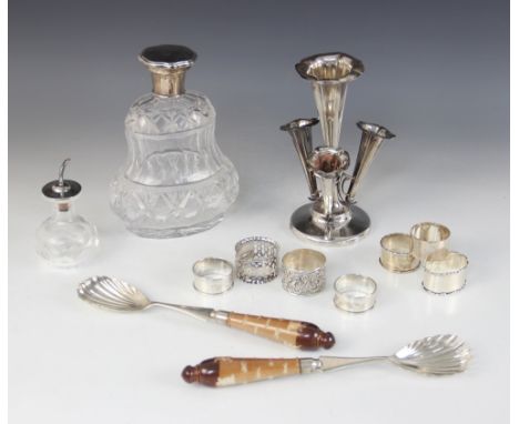 A selection of silver and silver mounted tableware, to include a George V silver mounted cut glass decanter, Manoah Rhodes & 