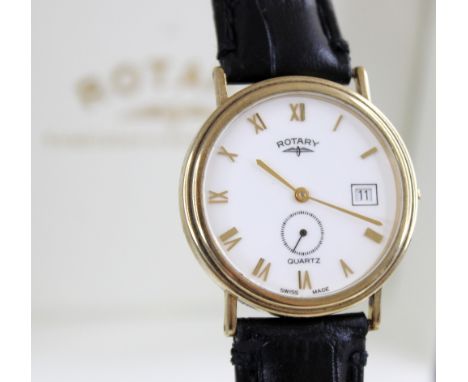 A gentleman's 9ct gold Rotary quartz wristwatch, the round white dial with Roman numerals, subsidiary seconds dial to six 'o'