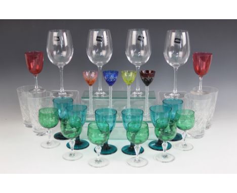 A collection of glassware, to include; four coloured cut glass liqueur glasses, each 14.8cm high, six green cut glass sherry 