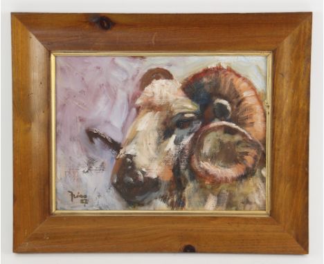 Paul Martinez-Frias (British, b.1929),Portrait of a ram,Oil on board,Signed and dated "87" for 1987,23.5cm x 32cm,Framed
