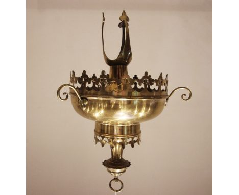 A Victorian brass hanging sanctuary lamp, the three prong shade holder with fleu de lis terminals (lacking shade), above a bo