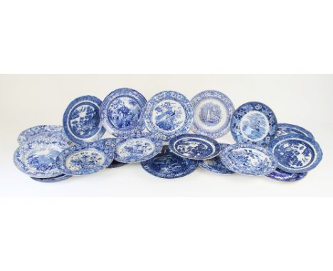 A collection of 19th century and later blue and white transfer printed plates, to include a set of of three Spode Indian patt