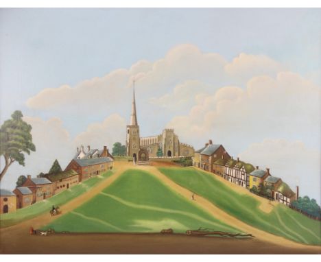 English school (20th century),A naïve study of St Mary's church, Astbury (somewhat in the manner of Stanley Spencer),Oil on c