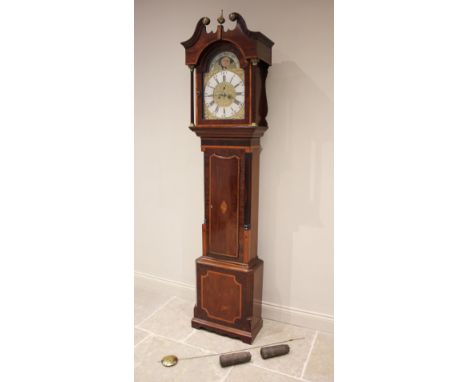 A George III mahogany and satinwood cross banded eight day longcase clock signed T Wainwright, Overton, the twin swan neck pe