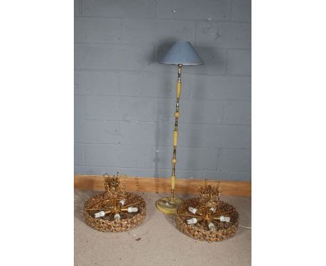 Pair of brass chandeliers, with prism glass drops, together with an onyx effect and brass standard lamp (3)