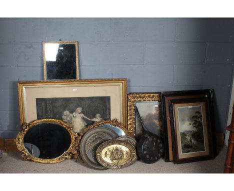 Collection of prints and mirrors, to include gilded mirrors, a black and white print entitled 'The Leopard Skin, brass emboss