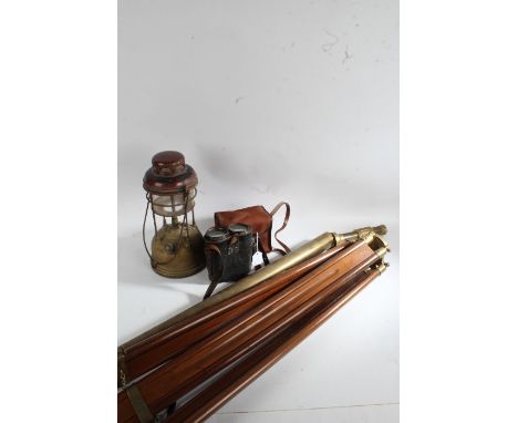 20th Century brass telescope with hardwood and brass tripod, 96.5cm wide, together with a Coronet Consul box camera, pair of 